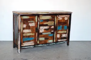Credenza stile vintage in legno massello di Mango riciclato con finitura multicolore e maniglie in ferro battuto - 2 ante 3 cassetti- L98